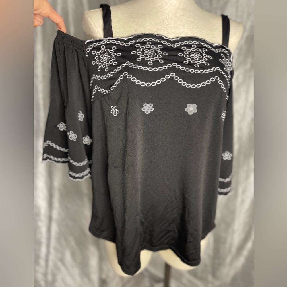 Nextmia black with white embroidery shirt sleeve cold shoulder w/ straps blouse